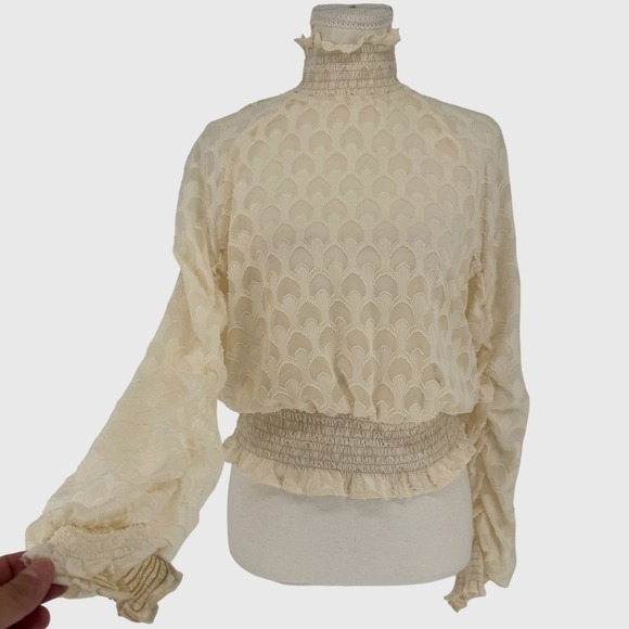 H&M Tops - HM Smocked Mock Neck Blouse 10 Cream Sheer Victorian Coquette Cottagecore Boho
